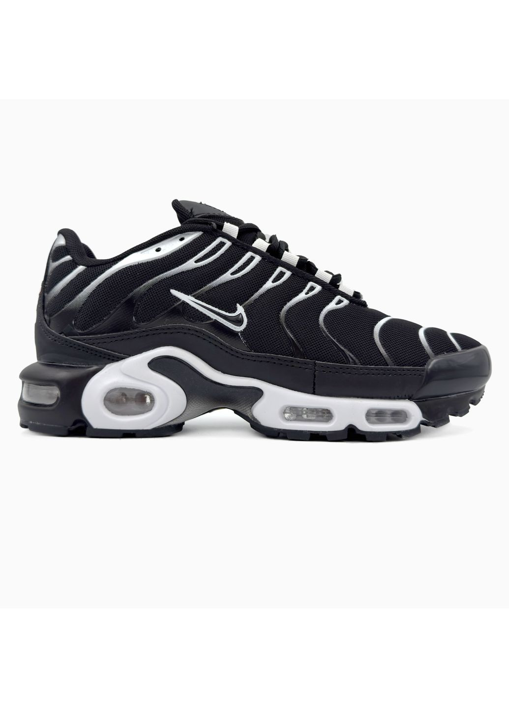 Черные демисезонные кроссовки мужские nike air max tn black / white nik-0497 найк аир макс тн плюс No Brand