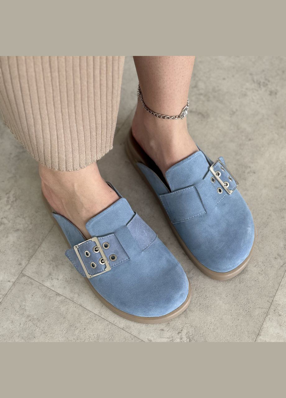 Голубые сабо клоги женские замшевые, декорированы ремешком.. 38 размер Vasha para