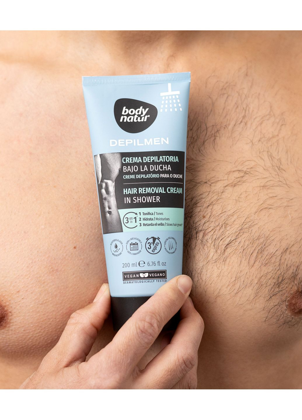 Крем для депіляції в душі чоловічий з потрійною дією: депілює відлущує і очищує з мочалкою Depilmen In-Shower 200 ml Body Natur (356109078)