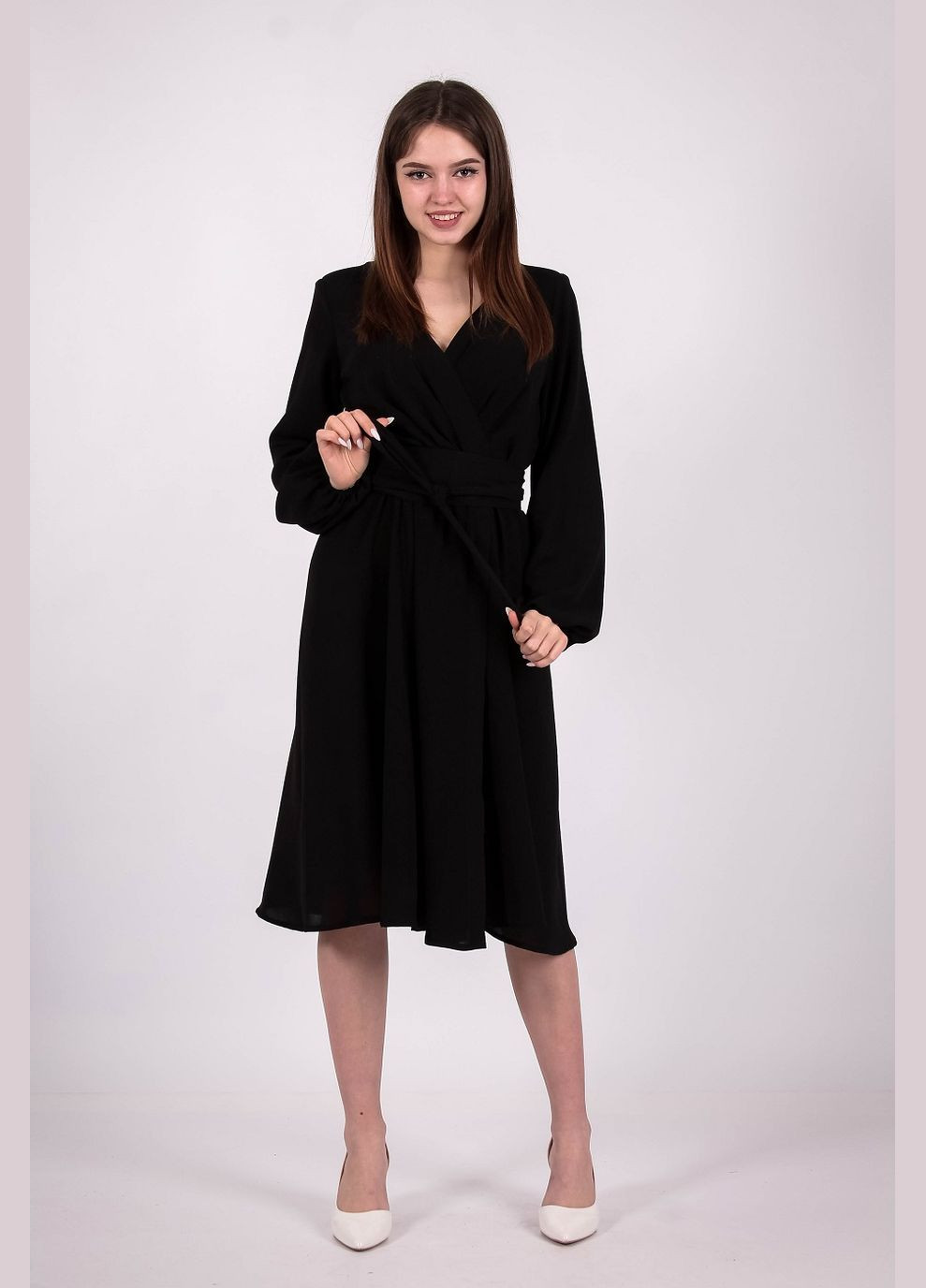 Чорна кежуал сукня рукав фонарик жіноча 202 американський креп чорна Актуаль