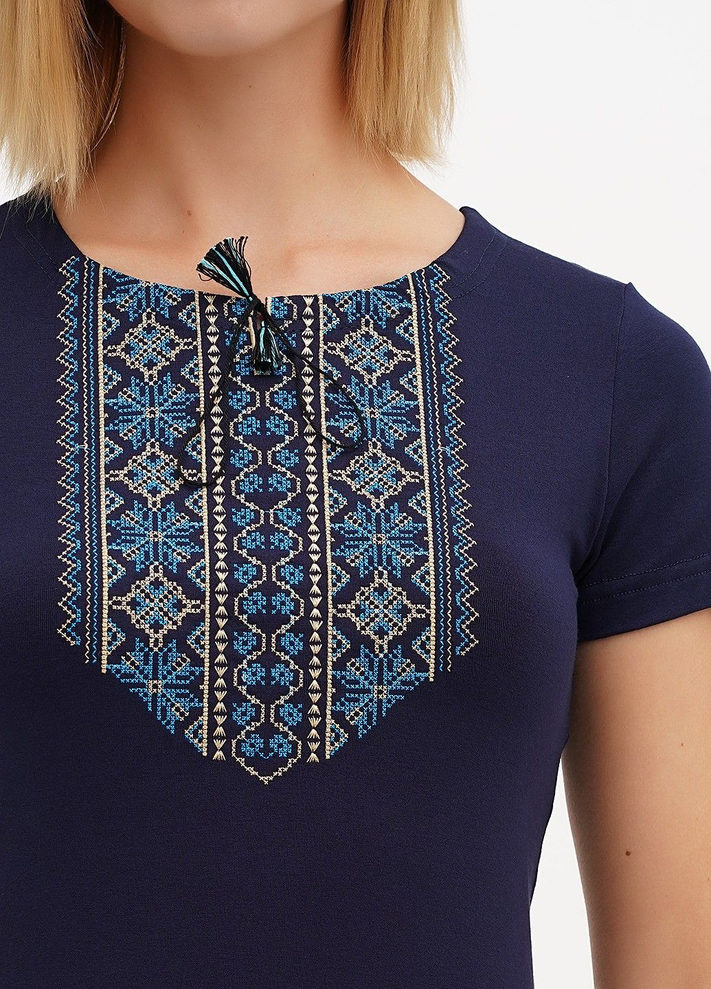 Темно-синя жіноча вишита футболка мережка бірюза, синя Lesia (335077547)