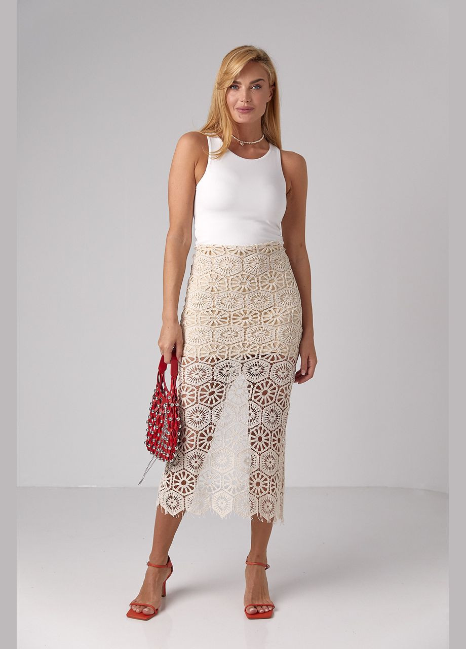 Кремовая праздничный, вечерний однотонная ажурная юбка миди с разрезом Liton карандаш