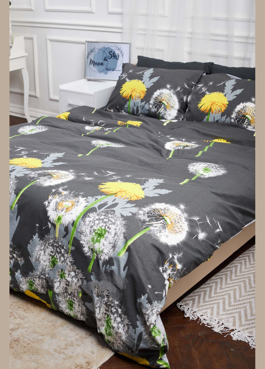 Комплект постельного белья полуторный 143х210 наволочки 4х70х70 Бязь Gold Люкс (MS-820000924) Moon&Star Dandelion Black (285717320)