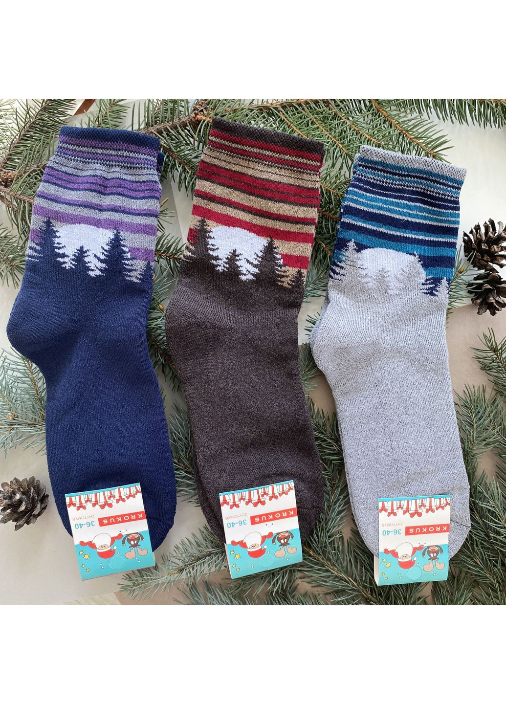 Комбіновані шкарпетки жіночі, махрові, високі. нічний ліс. набір з 3-х пар. kолір: кольоровий мікс Крокус малюнки (365858365)