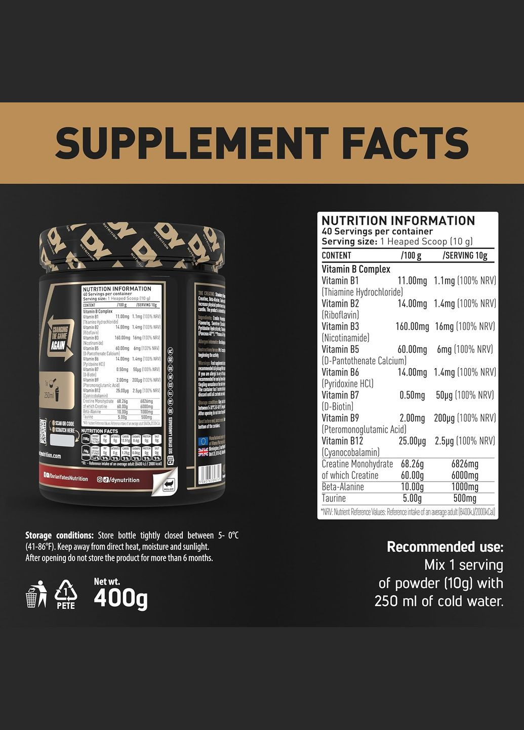 Предтренировочный комплекс Dorian Yates The Creatine 400 г, Peach DY Nutrition (313047833)