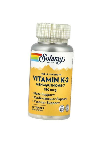 Витамин К2, Менахинон-7, Triple Strength Vitamin K-2 Menaquinone-7 150, 30вегкапс (36411090) Solaray (364273777)