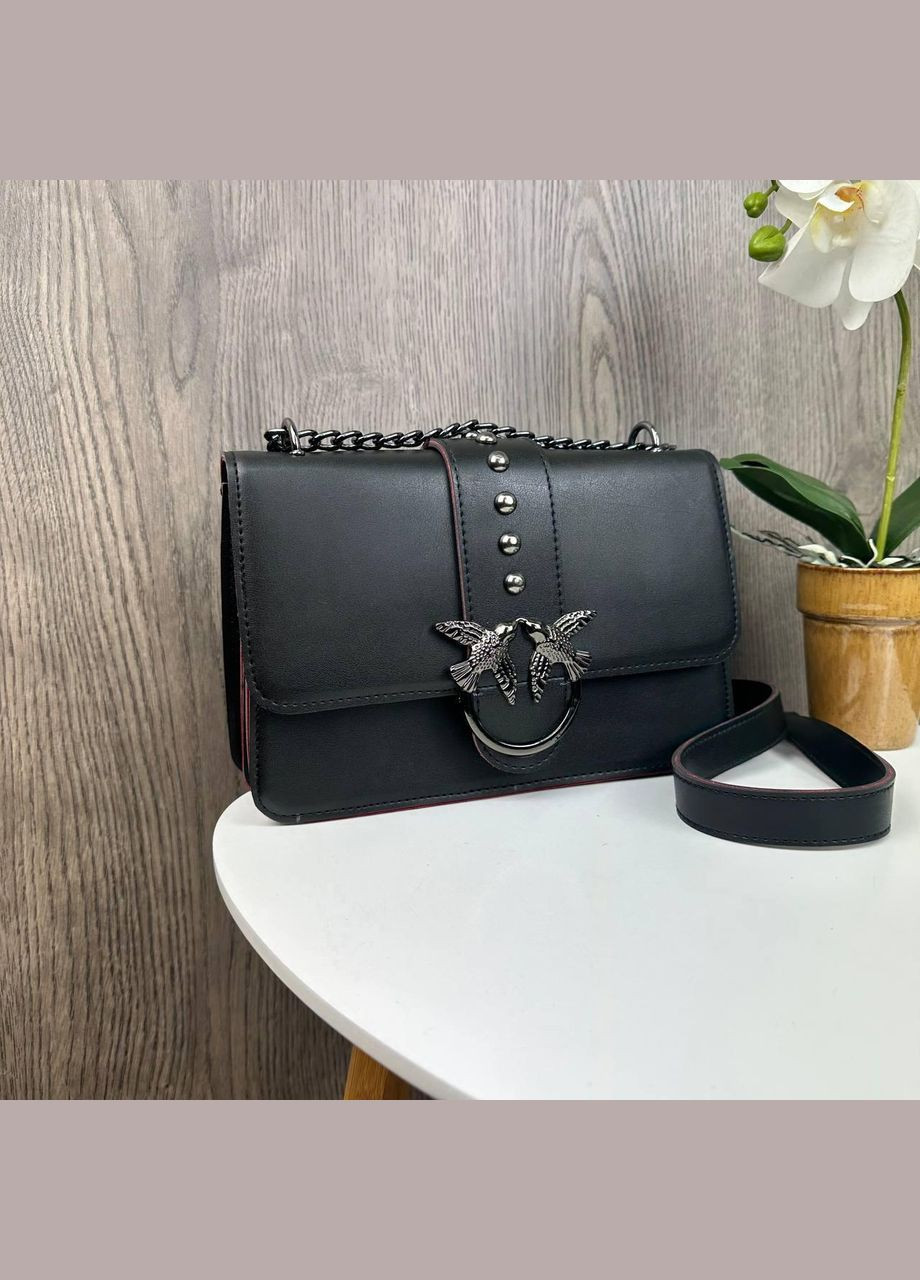 Жіноча сумочка-клатч-стило Pinko чорна з червоними вставками, маленька сумка Пінко з пташками No Brand (334729519)