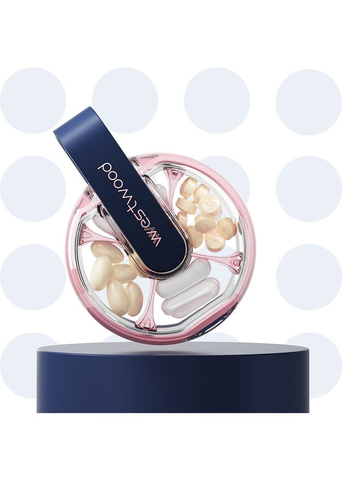 Круглая прозрачная таблетница WEST на 4 отделения темно-розовая с синим ремешком No Brand (338400924)