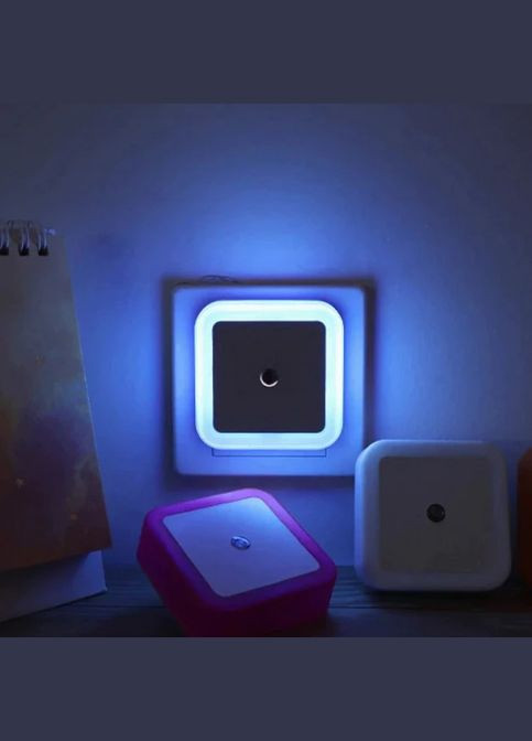Неоновий светильник ночник Квадратный с датчиком света DL в розетку синий Led (307471451)