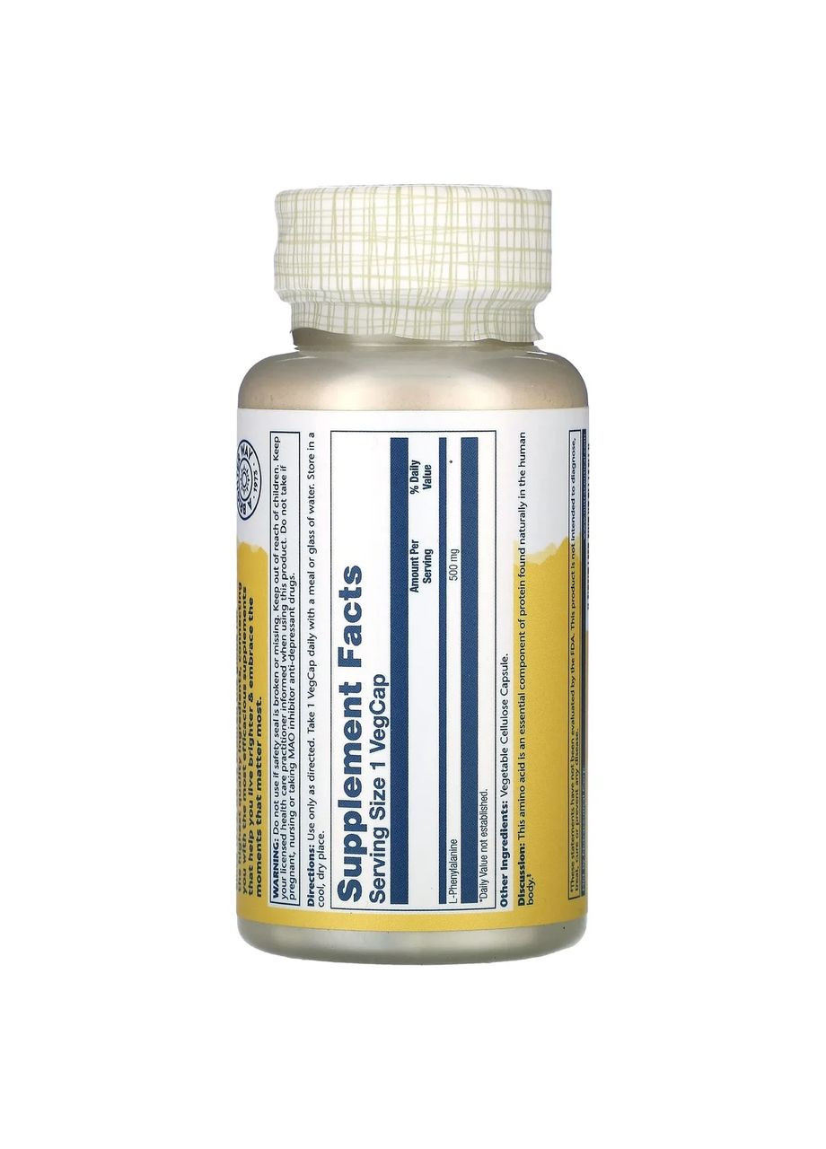 Амінокислота Л фенілаланін L-Phenylalanine 500 мг 60 капсул Solaray (365754562)