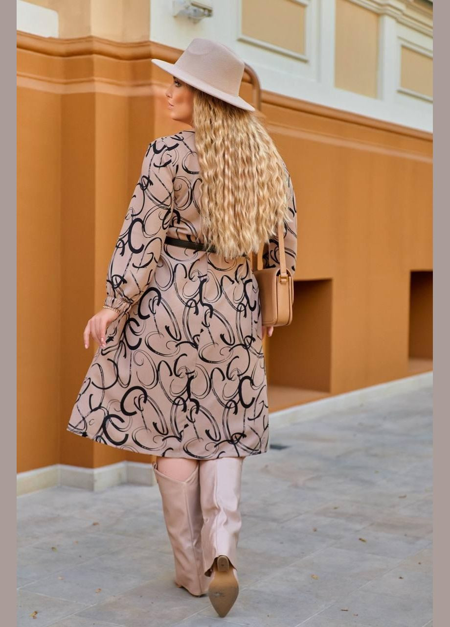 Кавова кежуал довга сукня-сорочка жіноча демісезонна з поясом sf-258 кофейний, 54-56 Sofia з геометричним візерунком