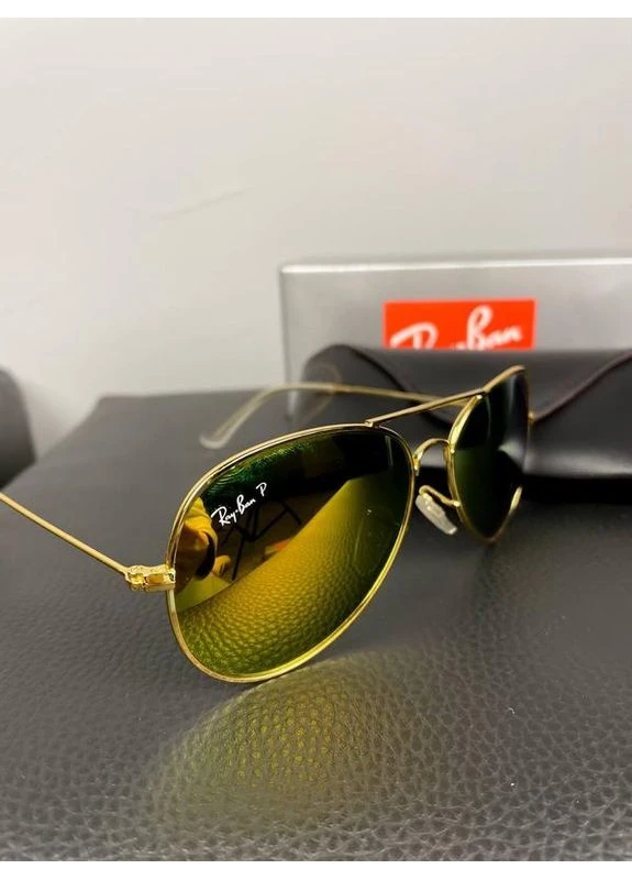Солнцезащитные очки Ray Ban P 3026 авиаторы поляризационные золотая оправа с зеркальными желтыми линзами KK10006 Ray-Ban (378185712)