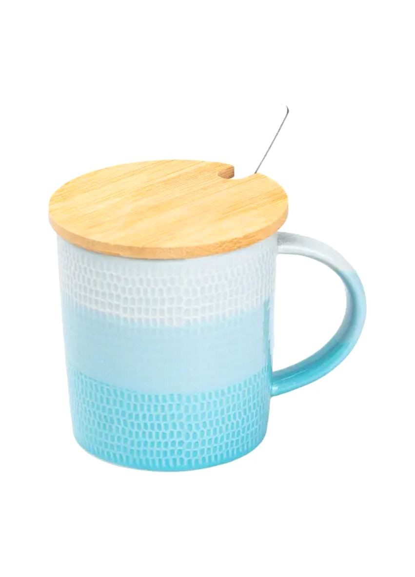Чашка с бамбуковой крышкой и ложкой фарфоровая 350 мл Голубая для чая и кофе стильная посуда для напитков ProDobro (364192256)