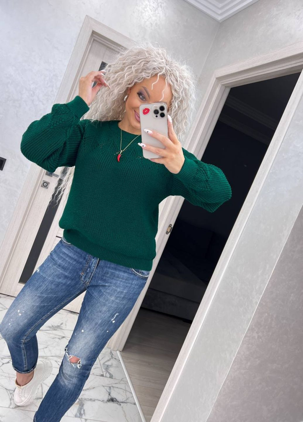 Изумрудный демисезонный шерстяной свитер свободного кроя Tik-Tak