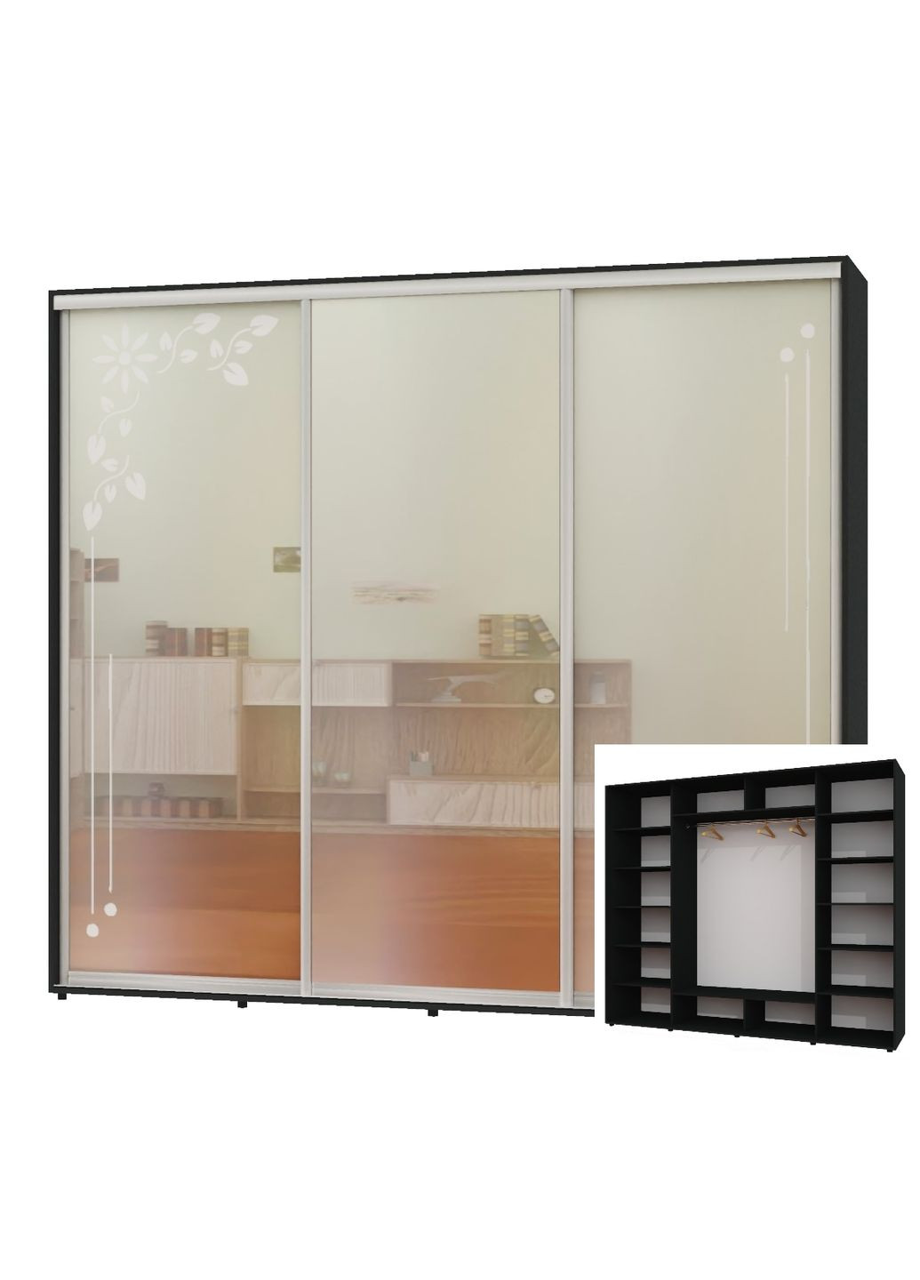 Шафа-купе тридверна 250*60*220 Антрацит 2 Дзеркала з піскострумним малюнком/Дзеркало ШК-05 Алекса (360477420)