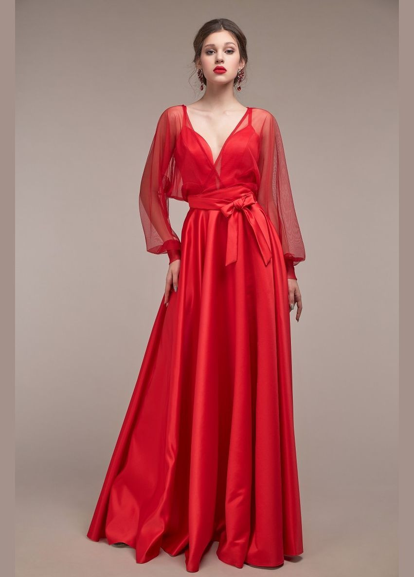 Красное вечернее платье а-силуэт, с юбкой-солнце Lolita однотонное