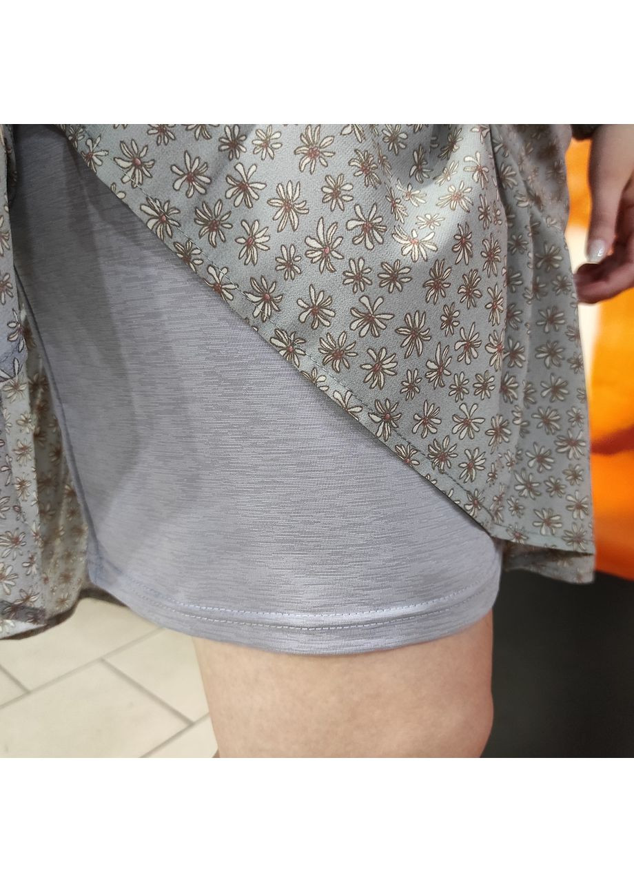 Серое платье шифон длинный рукав принт цветы 46 черное Tell