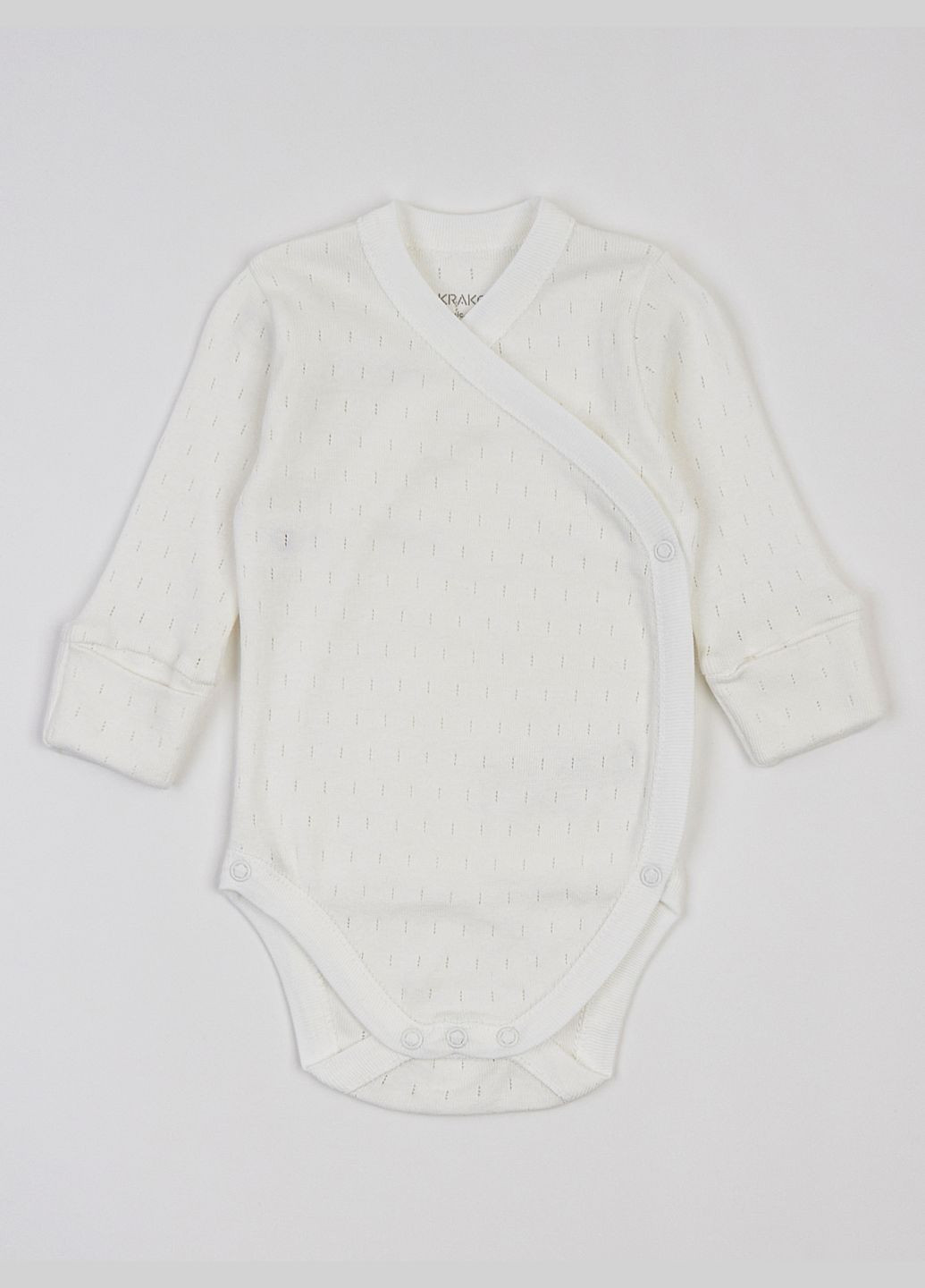 Молочний літній комплект для немовлят з ажурним візерунком (боді на запах з довгим рукавом, повзуни та шапочка) KRAKO
