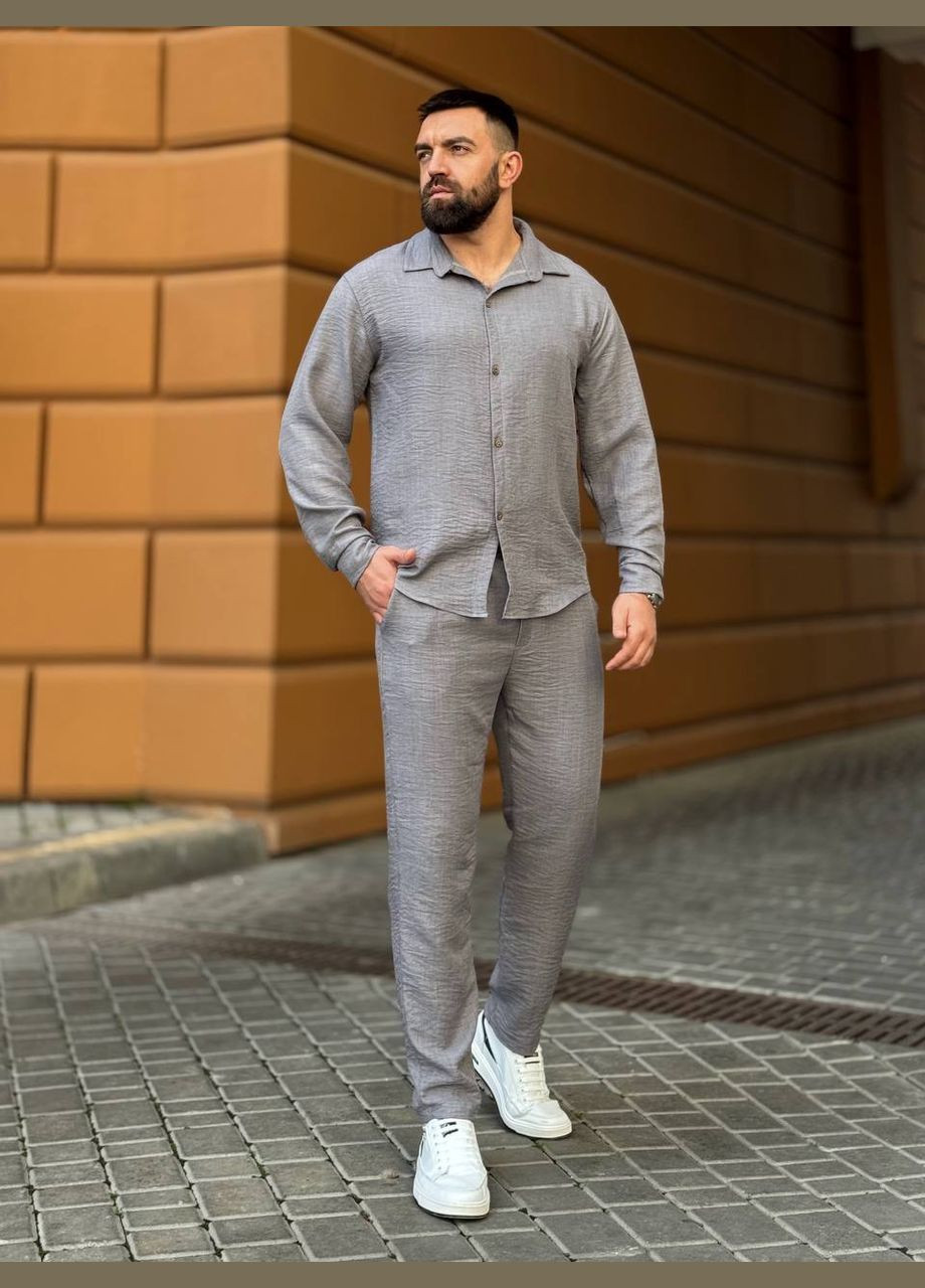Сірий костюм жатий льон туреччина штани та сорочка No Brand