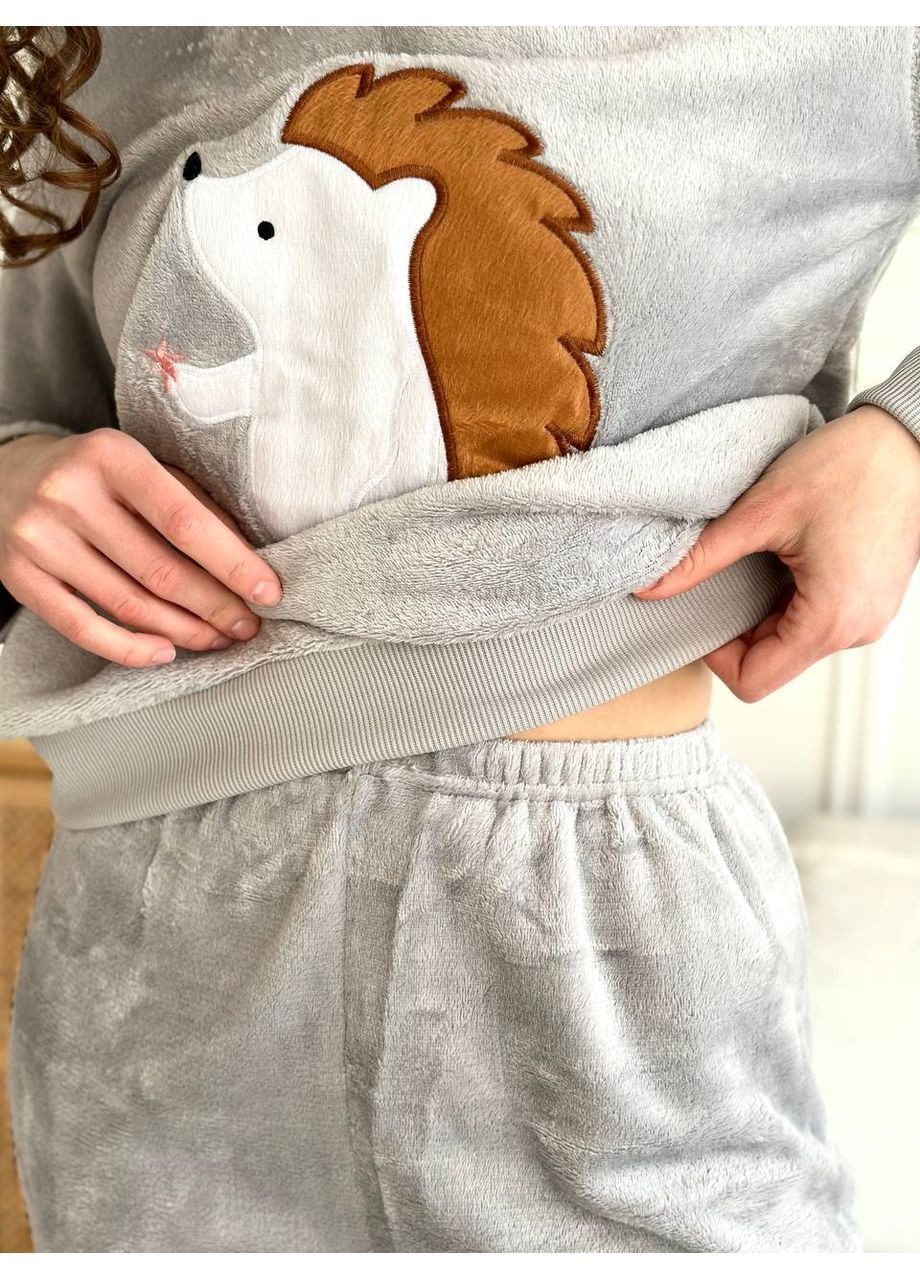 Серая всесезон пижама женская теплая домашний костюм кофта + брюки No Brand