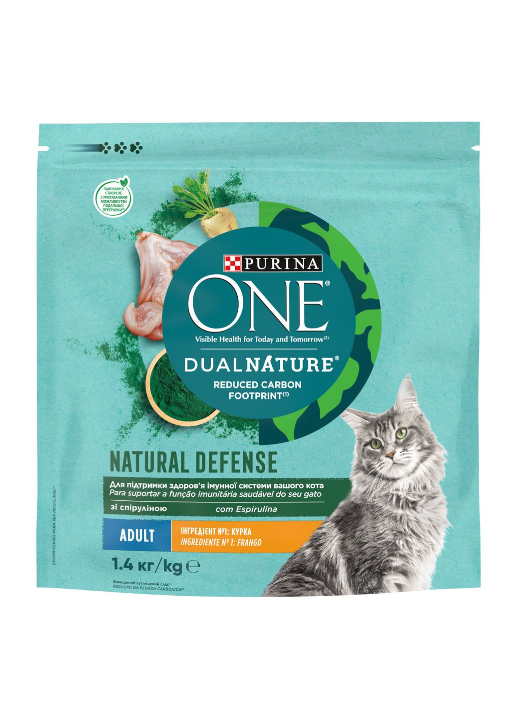 Сухий корм Adult Dual Nature Spirulina для дорослих котів, з куркою, 1,4 кг PURINA ONE (330007498)