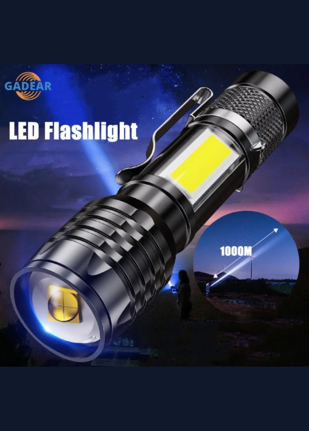 Фонарь ручной аккумуляторный с USB, боковым светом и ZOOM No Brand (341304543)