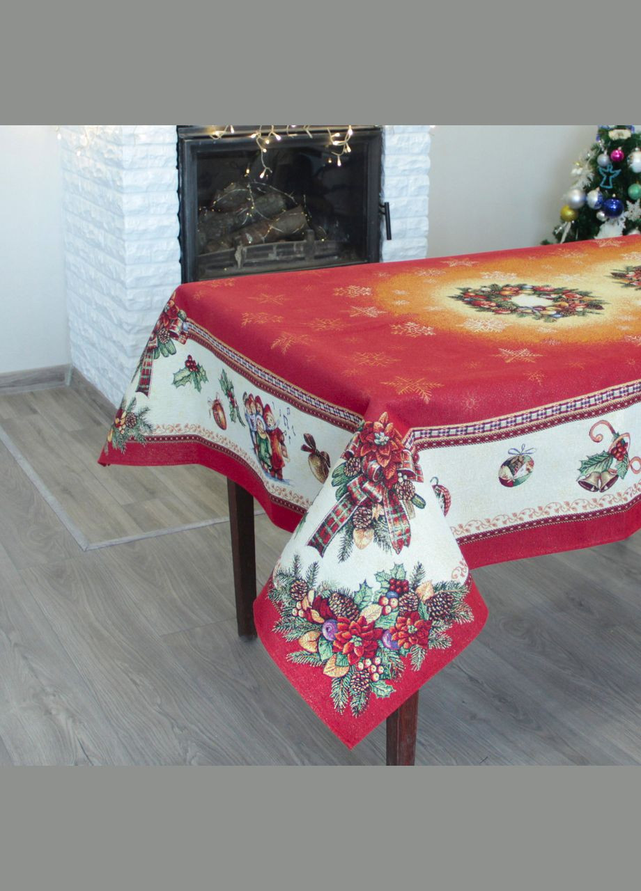 Гобеленовые новогодние скатерти на стол с золотистой нитью, красная новогодняя скатерть из гобелена 138х298см Maystat (305391091)