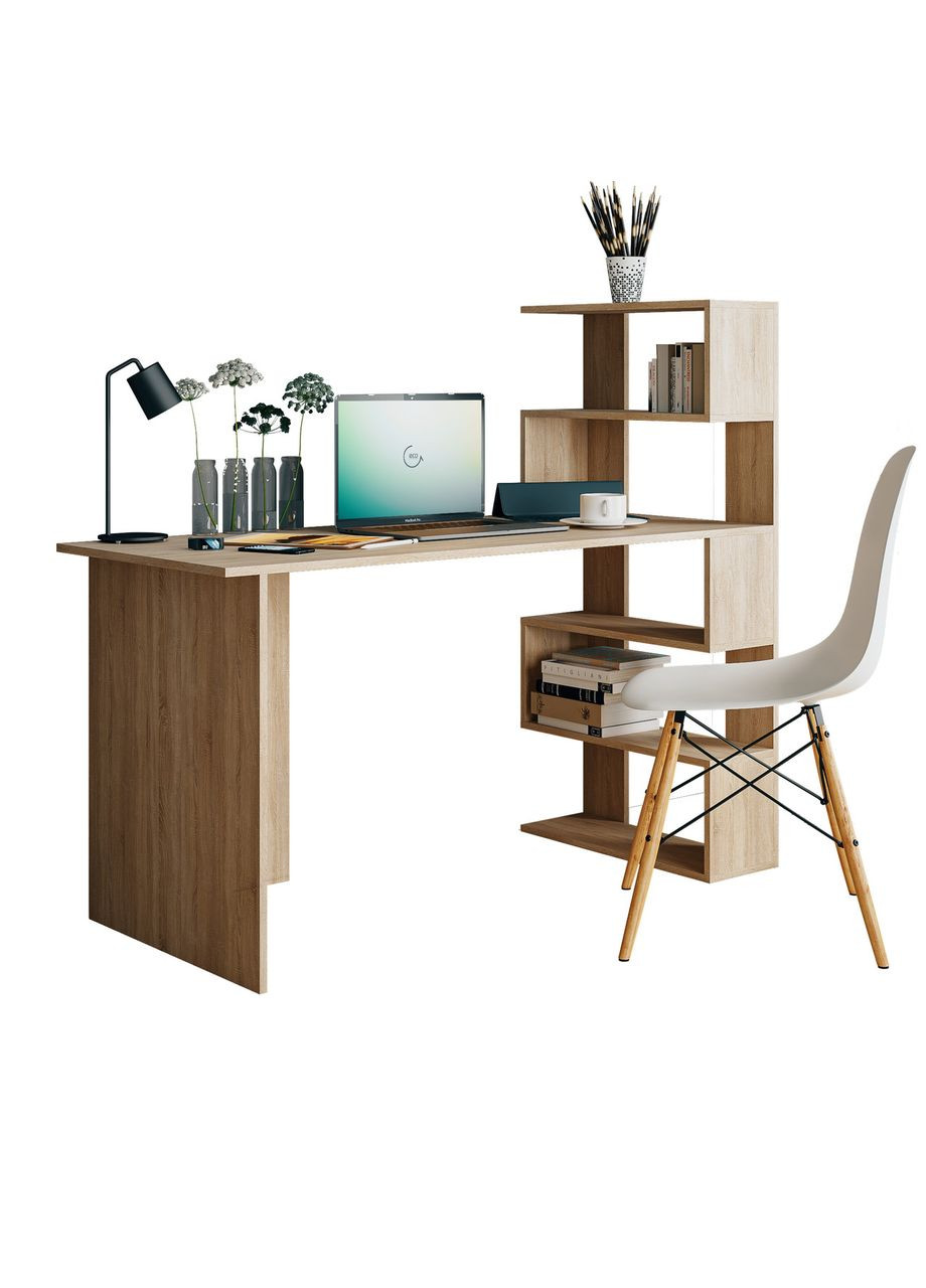 Стіл комп'ютерний, письмовий стіл з полицями ST-0015 від Дуб Сонома/Білий MORELI (335423239)