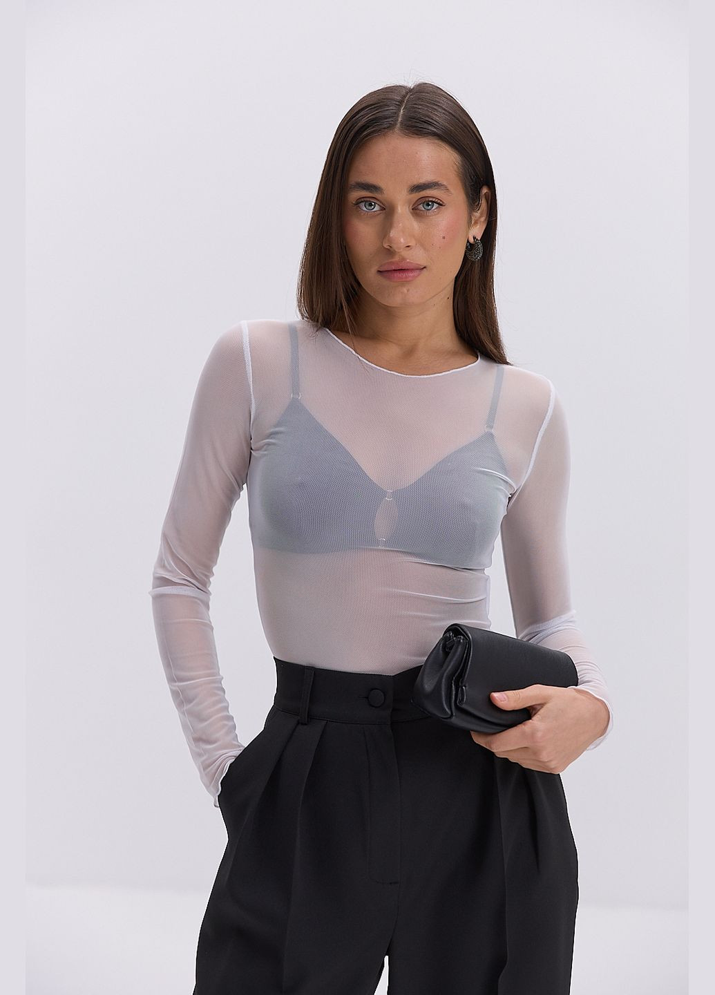 Женское боди из белой сеточки с длинными рукавами Arjen (324392494)