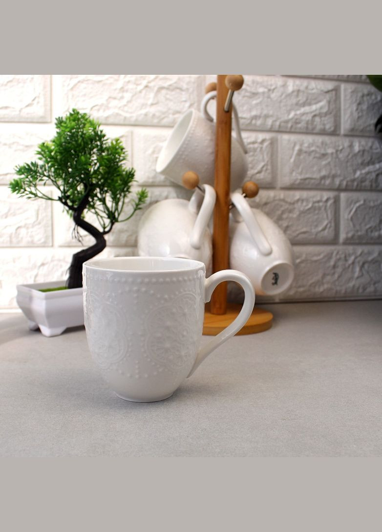 Набір білих чайних чашок на бамбуковій стійці 5 пр 300 мл Bona (303212491)