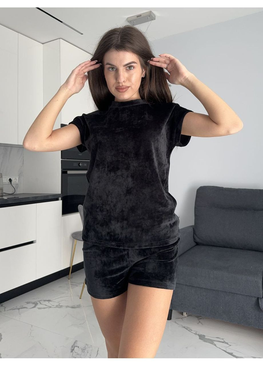 Чорна всесезон комплект домашній/піжама,плюш-велюр,шорти,штани та футболка Україна