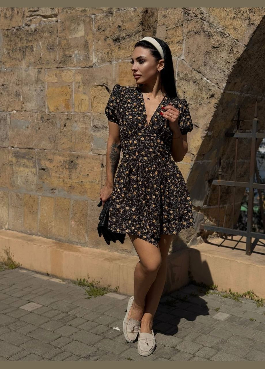 Чорна жіноча сукня з імітацією корсета, квітковий принт No Brand з квітковим принтом