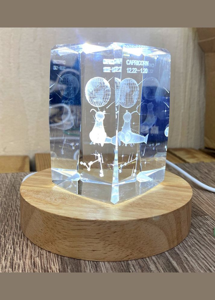 Ночник Хрустальный куб с гравировкой Знак Зодиака Козерог с LED подставкой подсветкой USB 5В No Brand 2123 (278234399)