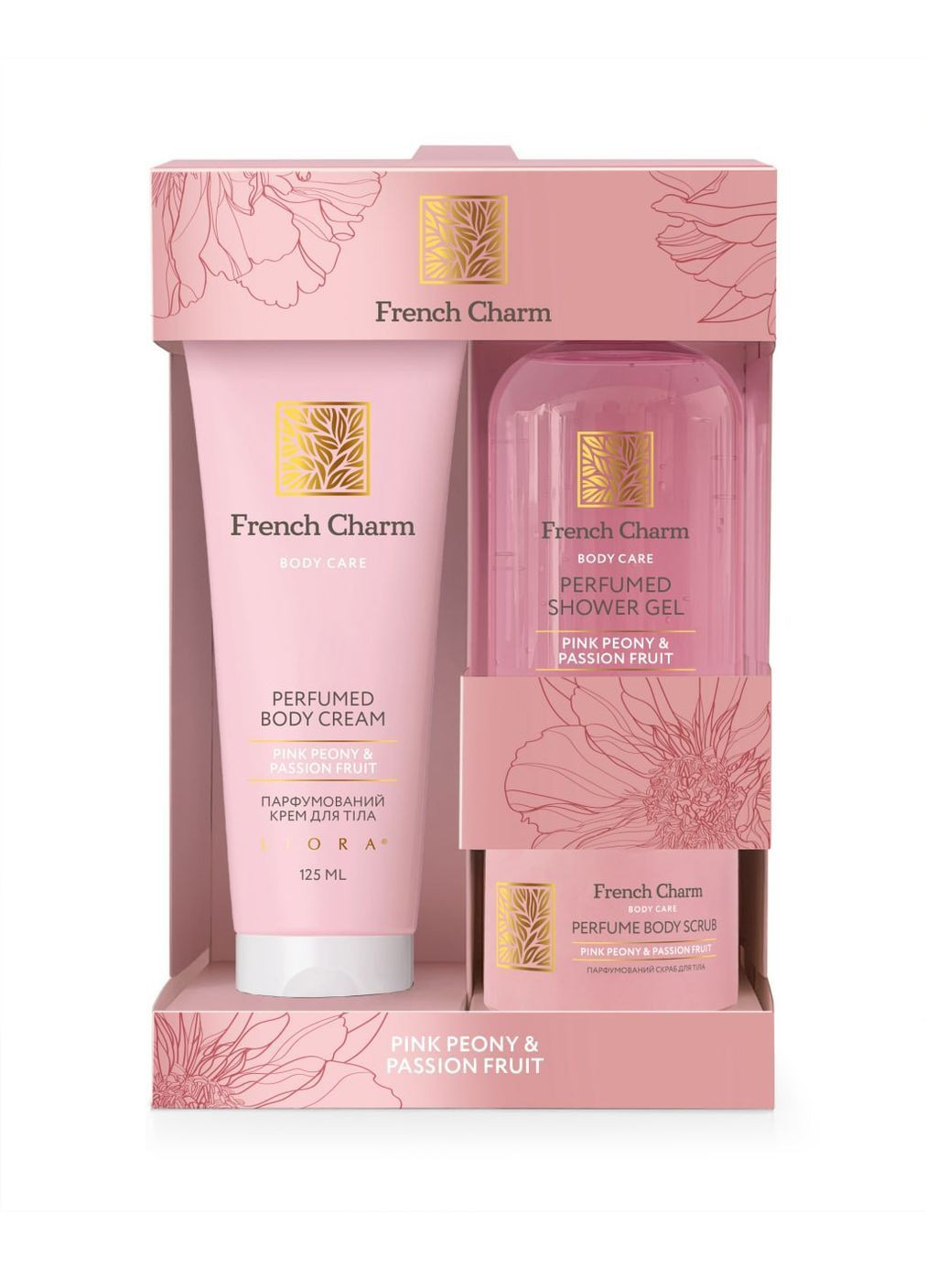 Набор космических. pink peony & passion (парф.гель д/душа 200мл+крем д/тела 125мл+скраб д/тела 80мл) Liora (363819970)