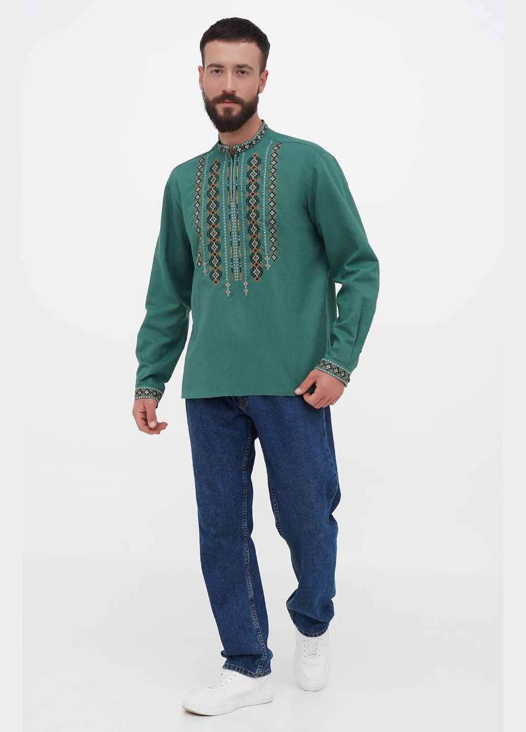 Зелена класична чоловіча вишиванка з льону захар, комір стійка., р., код 9418/58/534 ГАЛЕРЕЯ ЛЬОНУ льон (333164625)