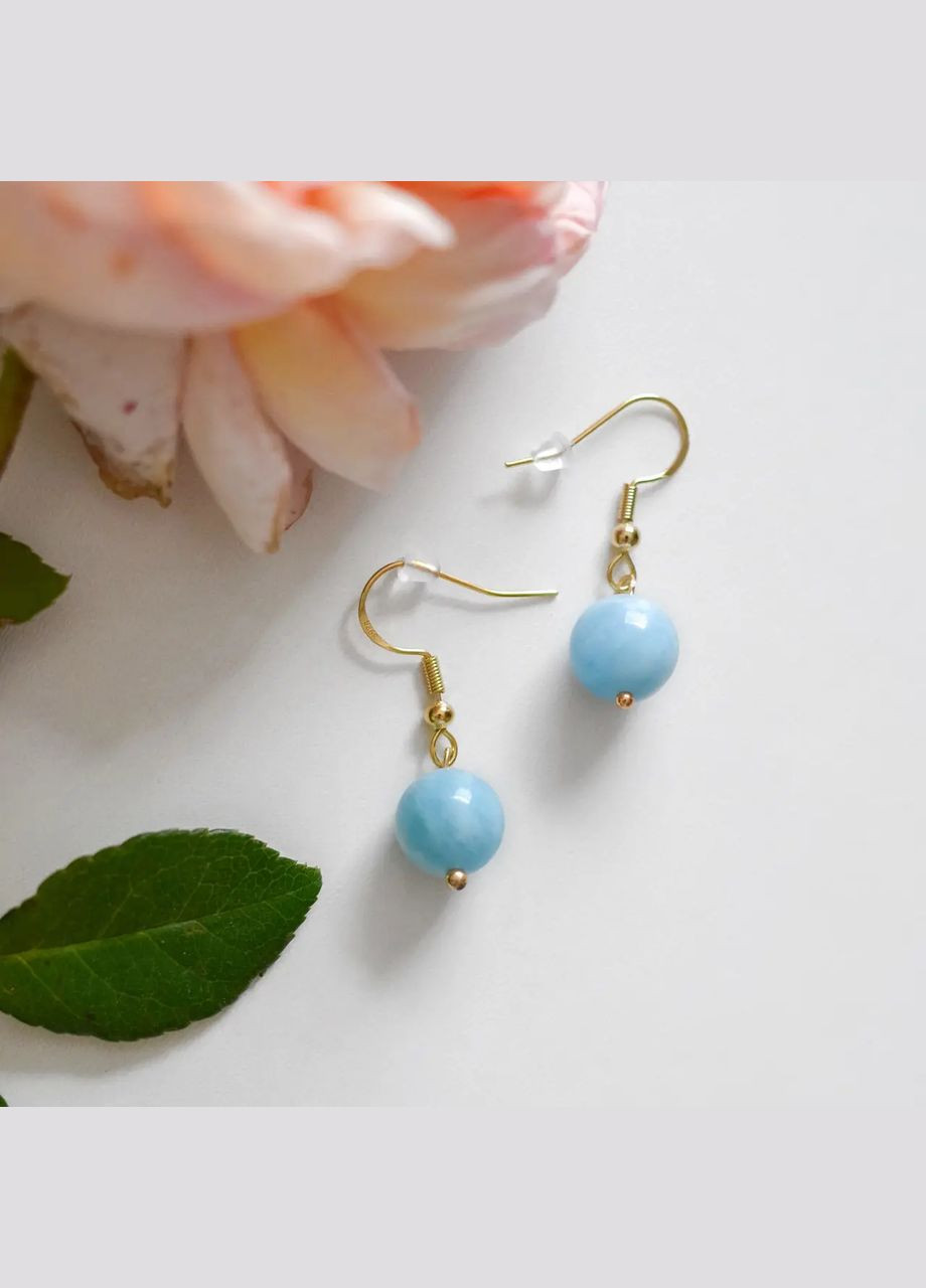 Сережки натуральний камінь Аквамарин гладка кулька, швенза колір золото фур-ра гіп-ний сплав d-10мм L-30мм No Brand Підвіски (305593790)