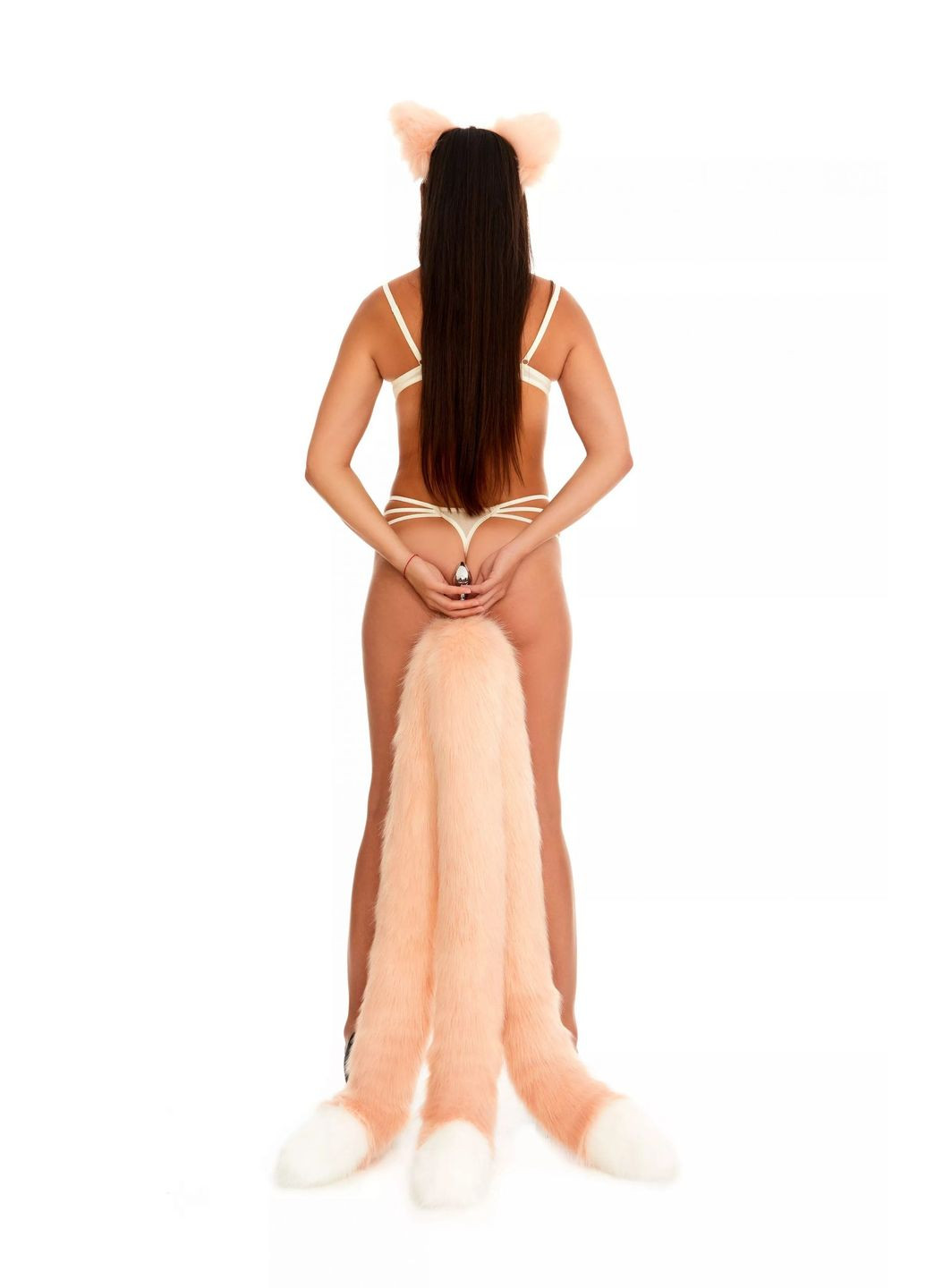 Анальний потрійний хутряний хвіст без пробки, Персиковий з білим кінчиком, 100 см. OKOVA (315148821)