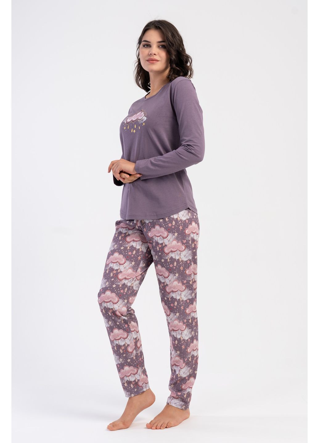 Сіра всесезон піжама бавовняна жіноча (кофта, штани) лонгслів + брюки Vienetta
