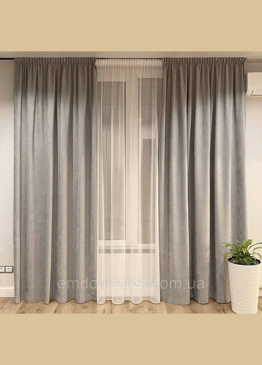 Комплект шторы 2шт 200х250 см микровелюр Серый, тюль бамбук 750 см Тепло-белый No Brand (337357370)