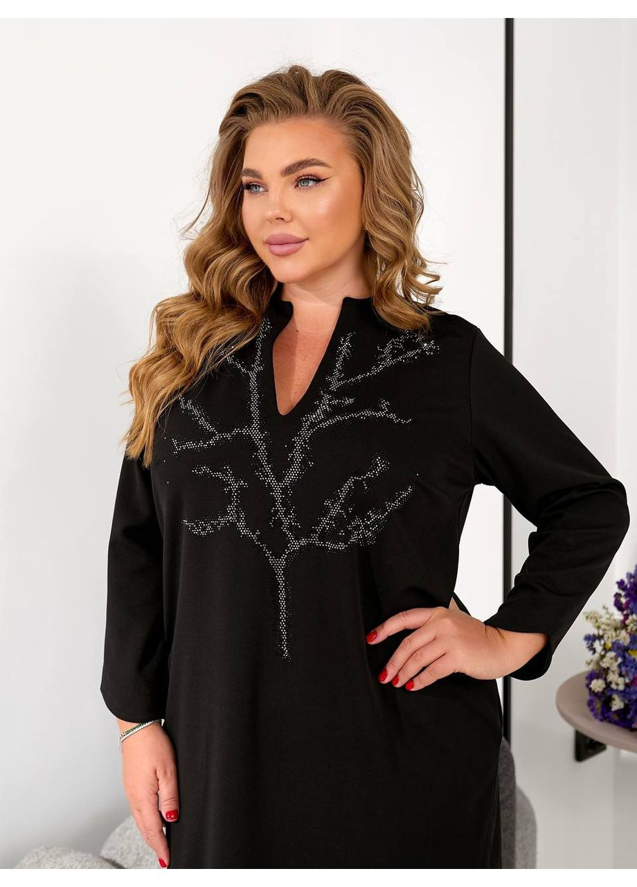 Чорна сукня прямого крою з термокамінням,трикотаж креп дайвінг Україна