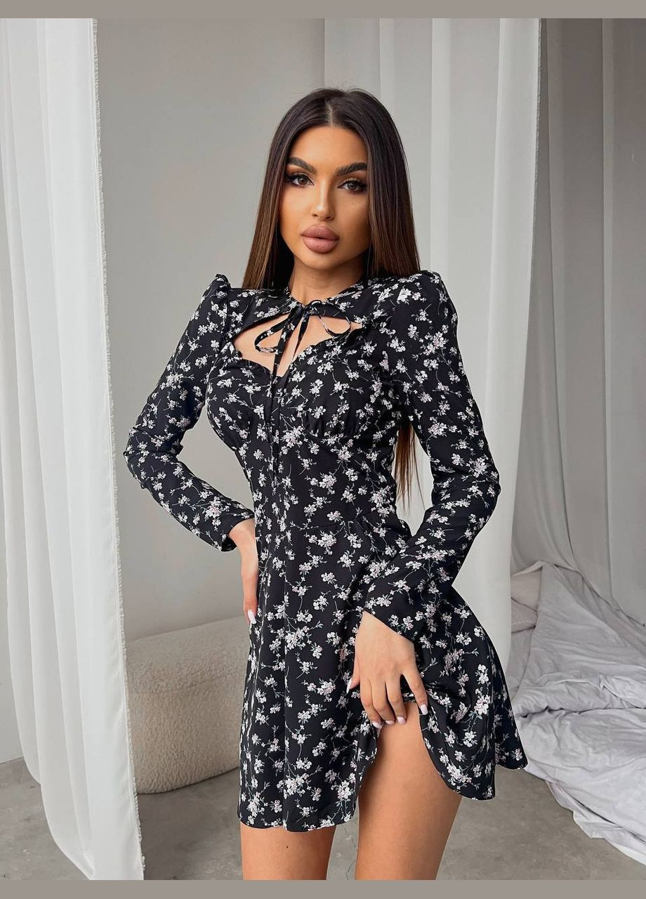 Черно-белое повседневный, коктейльное платье No Brand с цветочным принтом