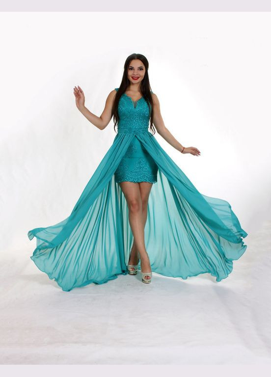 Бірюзова жіноча дизайнерська вечірня сукня бірюзова максі в підлогу mkeng2073-1 Modna KAZKA
