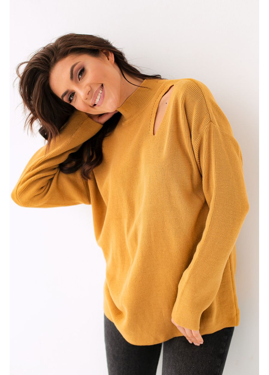 Бежевий демісезонний светр жіночий довгий прямий виріз на плечі стійка 46/48 гірчиця No Brand