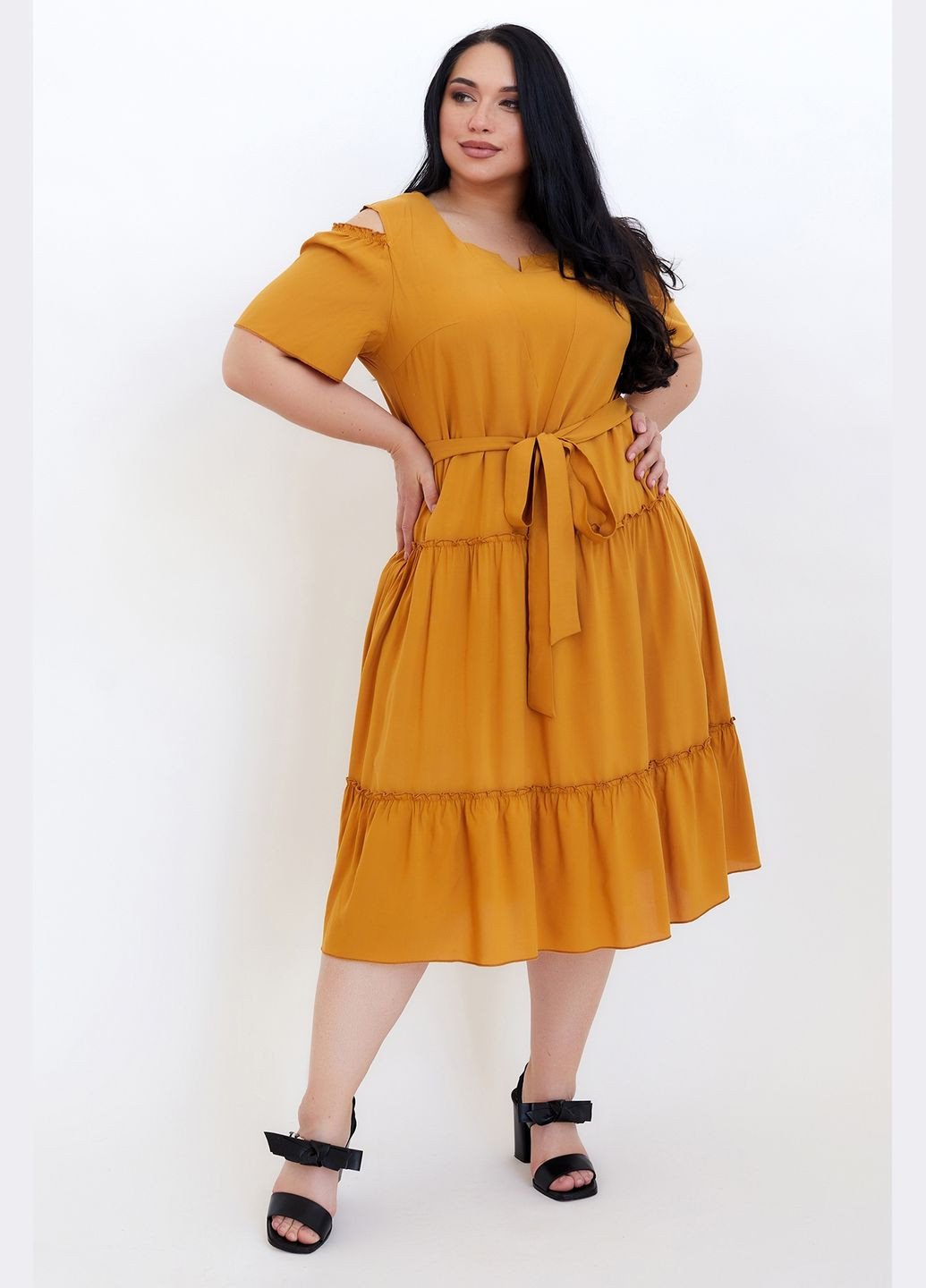 Горчичное повседневный платье полуприлегающего силуэта из тонкой костюмной ткани all posa (ap100688p) A'll Posa