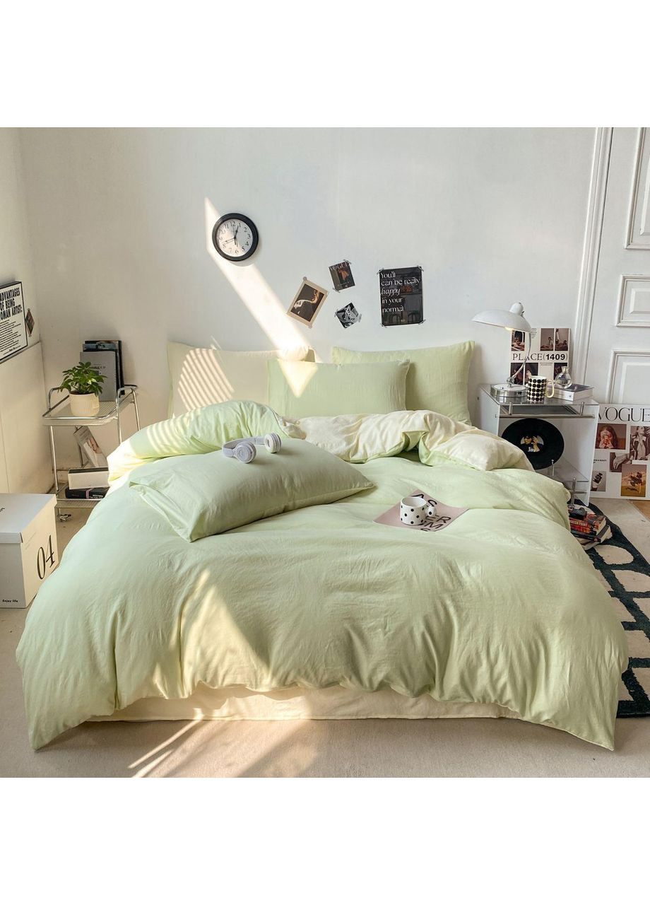 Постільна білизна з резинкою Молочний з Салатовим, сатин Двухспальний розмір, наволочки 50/70 No Brand (364220703)