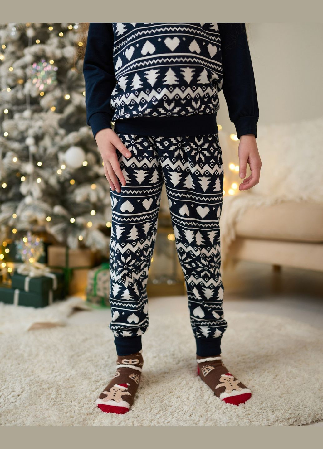Темно-синяя зимняя детская пижама для девочки с рождественским принтом комплект кофты брюки в синем цвете family look домашняя одежда кофта + брюки Nicoletta