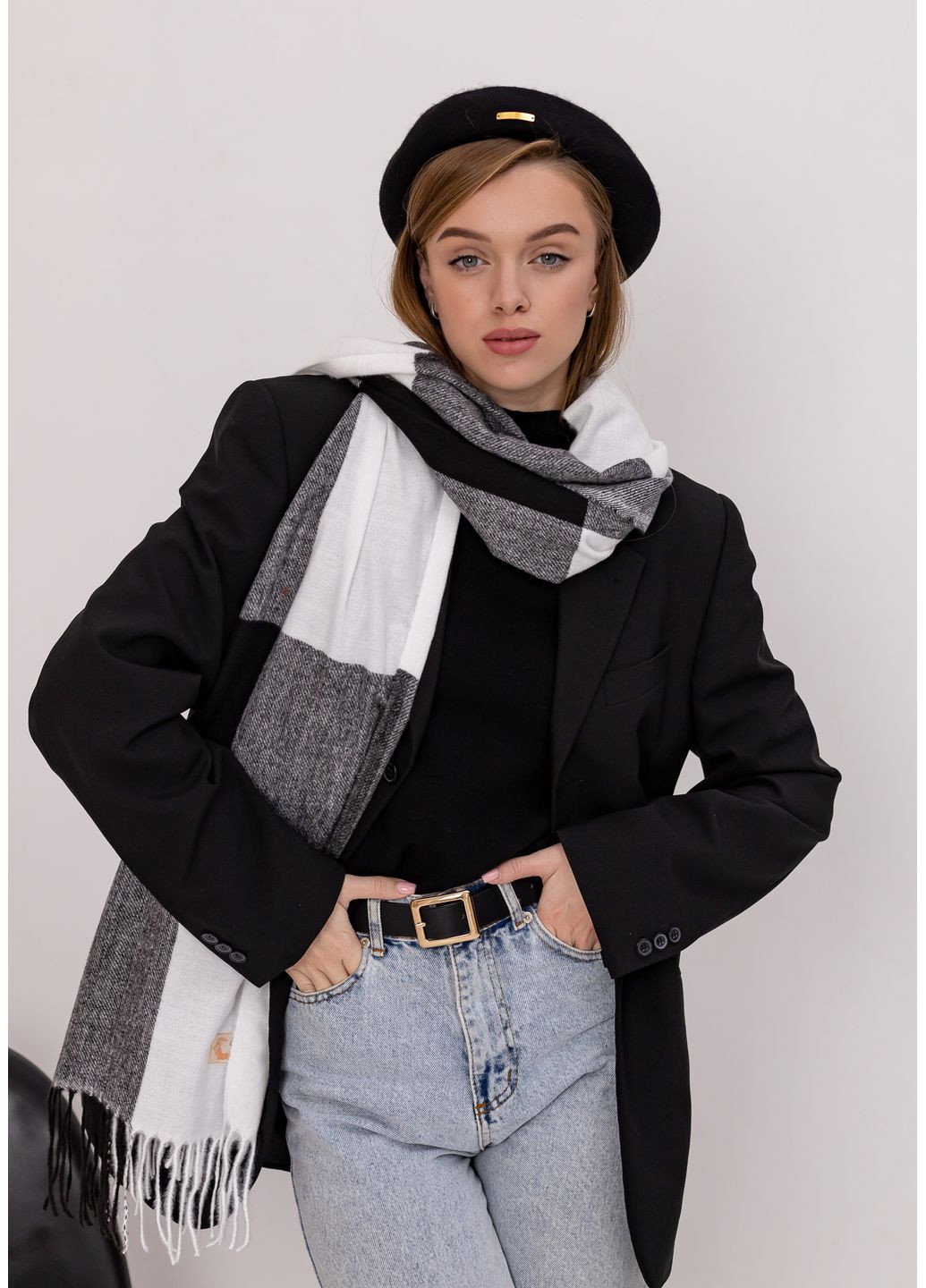 Кашеміровий палантин шарф у клітину з бахромою PASHMINA No Brand (362666272)