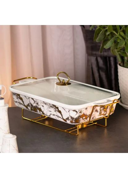 Настольная мармитница 2 литра мармит прямоугольный фарфоровый 40х23х11 см для вторых блюд Мрамор HP1033 Yiwu (370974845)