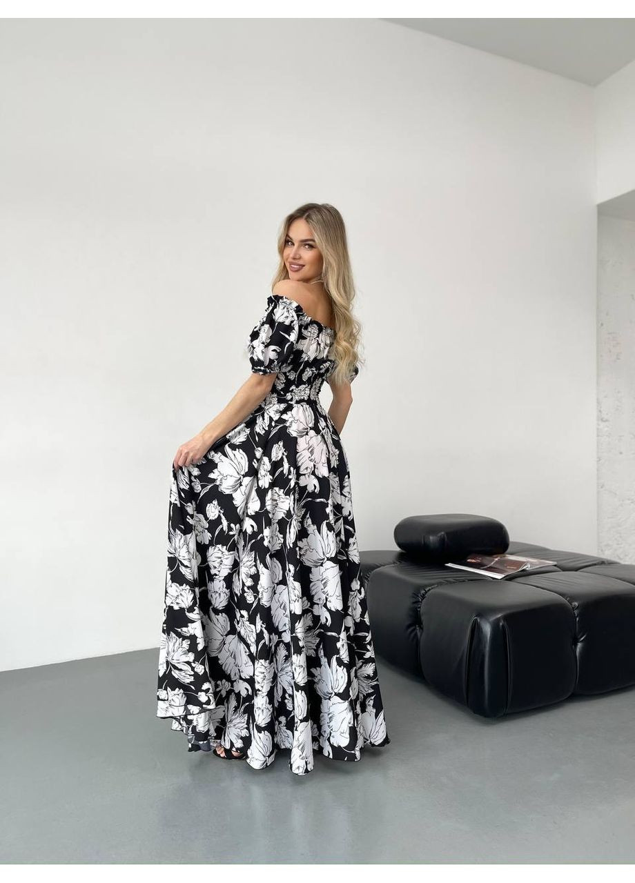 Чорно-білий святковий, повсякденний, вечірня, пляжна, кежуал жіноча довга сукня з відкритими плечима Vakko з квітковим принтом