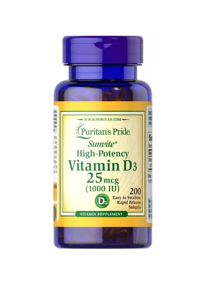 Витамин Д3, Vitamin D3,,1 000 МЕ, 200 капсул Puritans Pride (329199754)